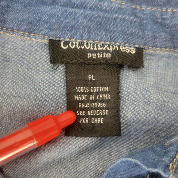 Cotton Express Shirt Womens Large Petite Blue Top Chambray Roll Tab‎ Button Up - Picture 8 of 15